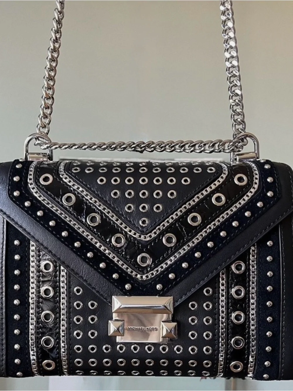 Michael Kors Black Whitney grommeted/ Studded Leather convertsble Shoulder Bag